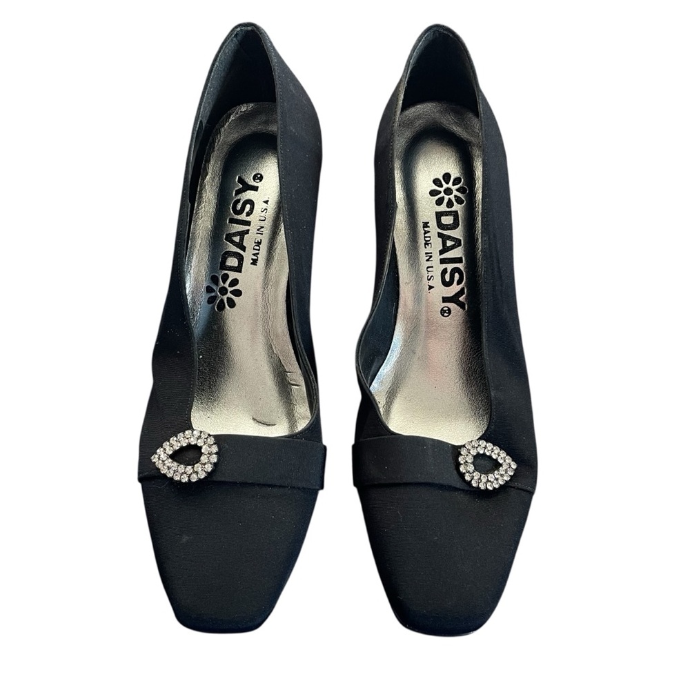 Daisy Black Satin Pumps w/ Rhinestone-Embellished Brooch Closed Round Toe Heels